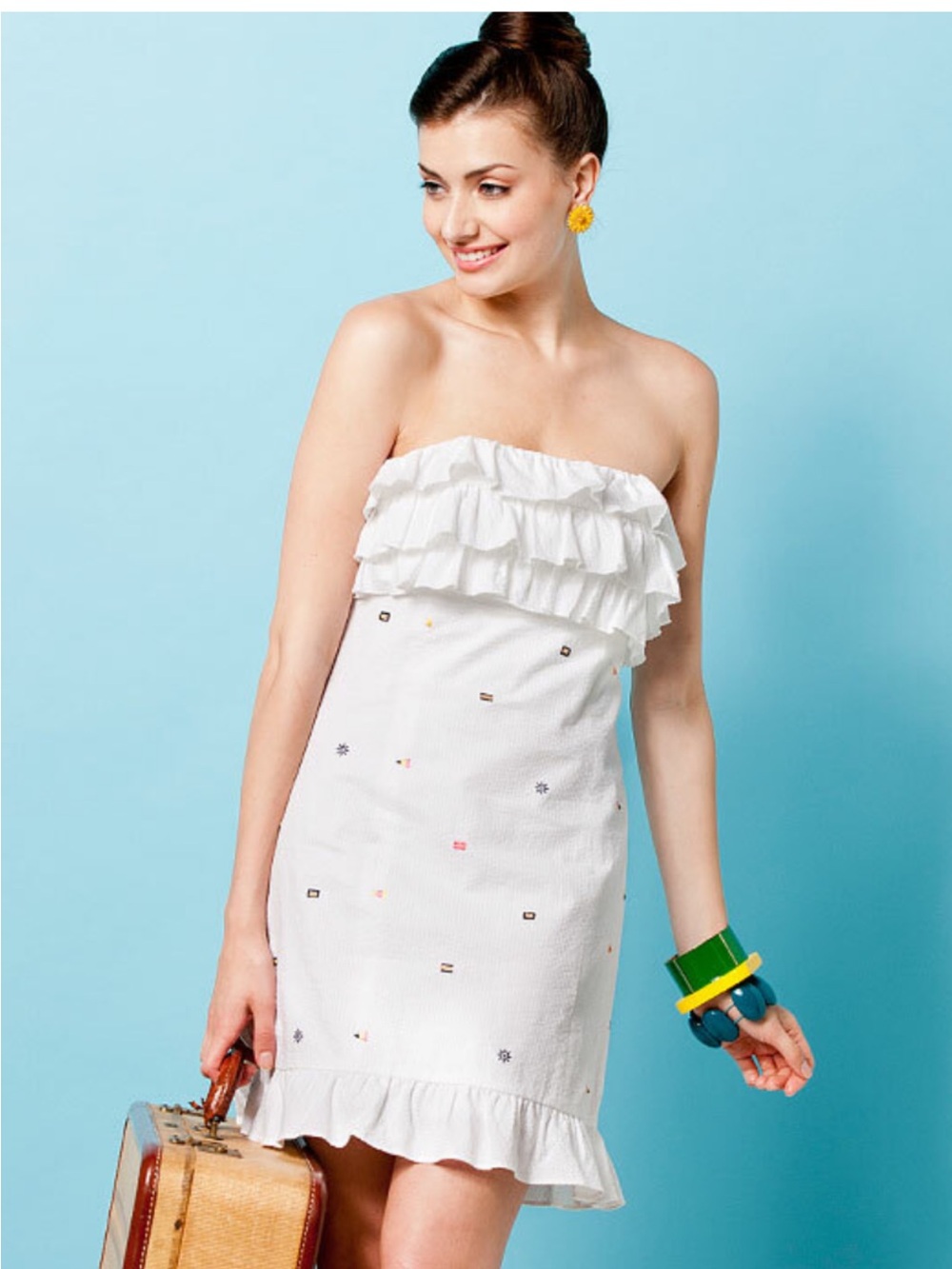 White Strapless Ruffle Tube Dress with nautical Embroidery